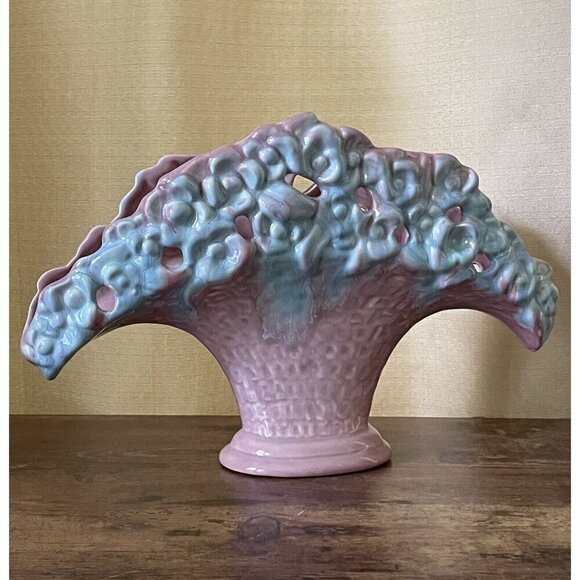 Royal Haeger Fan Vase Pink Blue Flower Basket Planter Vintage 1940s R386 USA - Picture 12 of 13
